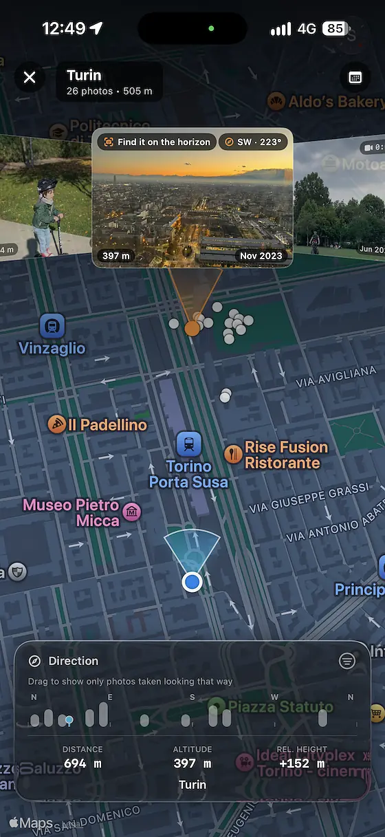 3D map of Turin with a cluster of photo dots, an orange cone showing the camera bearing, and a compass histogram to filter photos by direction
