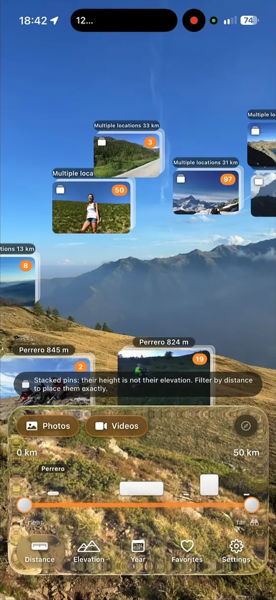 A frame from the Ubimage reel: the camera view with photos pinned on the landscape