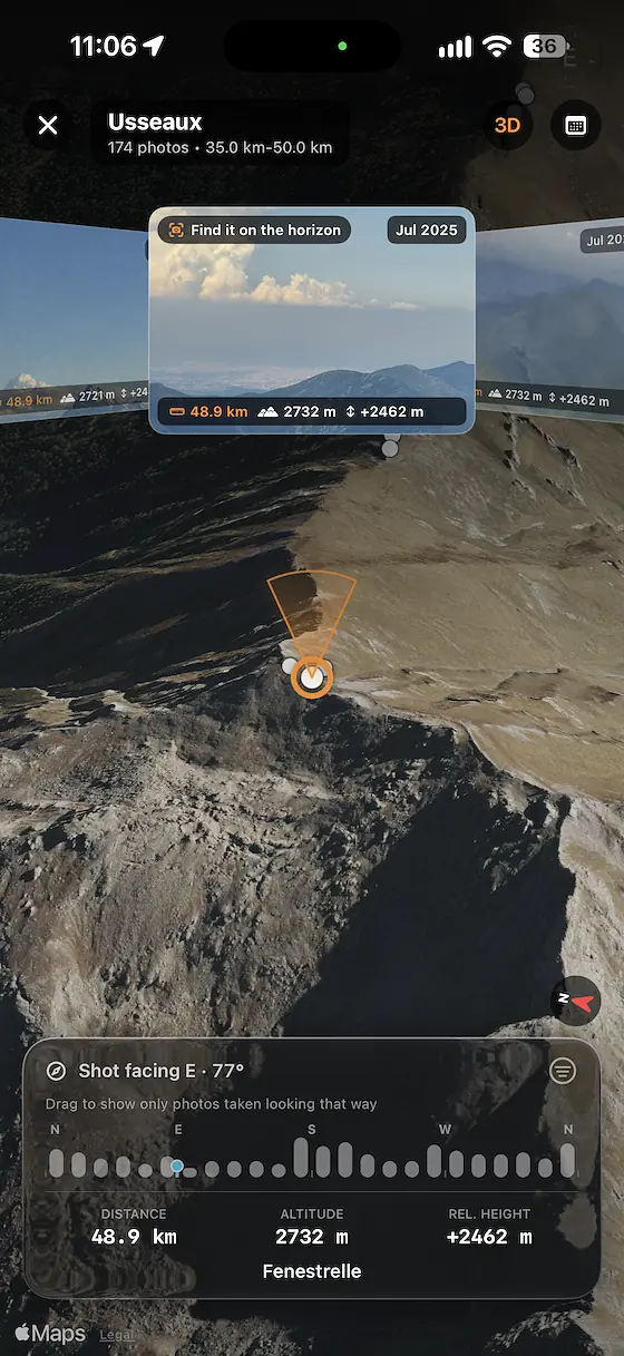 Satellite 3D terrain of the ridge above Fenestrelle and Usseaux, in the Chisone valley, seen from above and behind the spot a photo was taken, with the photo card, an orange cone showing the shot direction and a north indicator